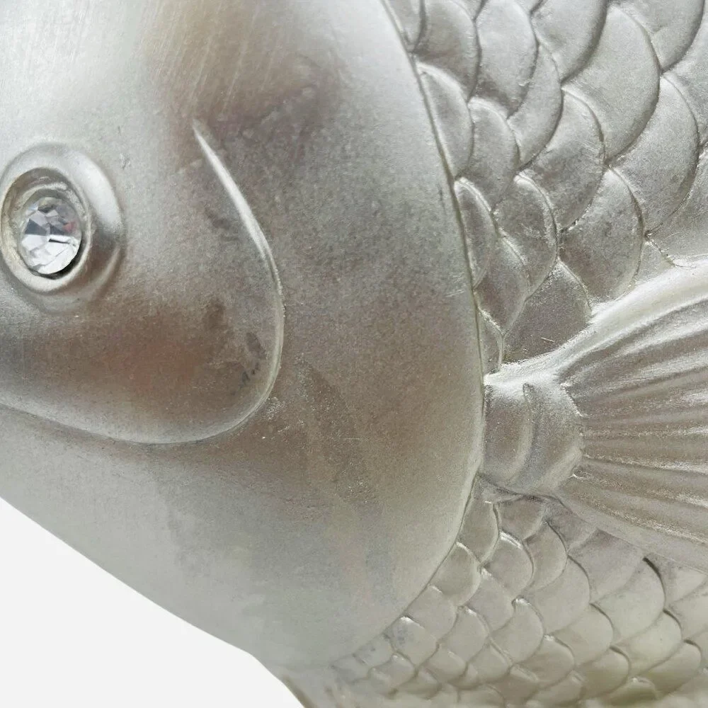 Large Silver Fantail Fish Resin Statue Jewel Rhinestone Eyes Sculpture Decor Art